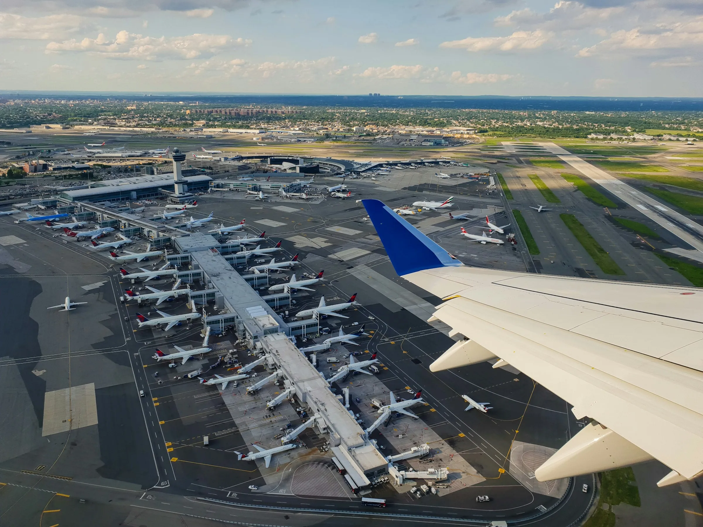 a picture of an airport taken from a plane that just took off